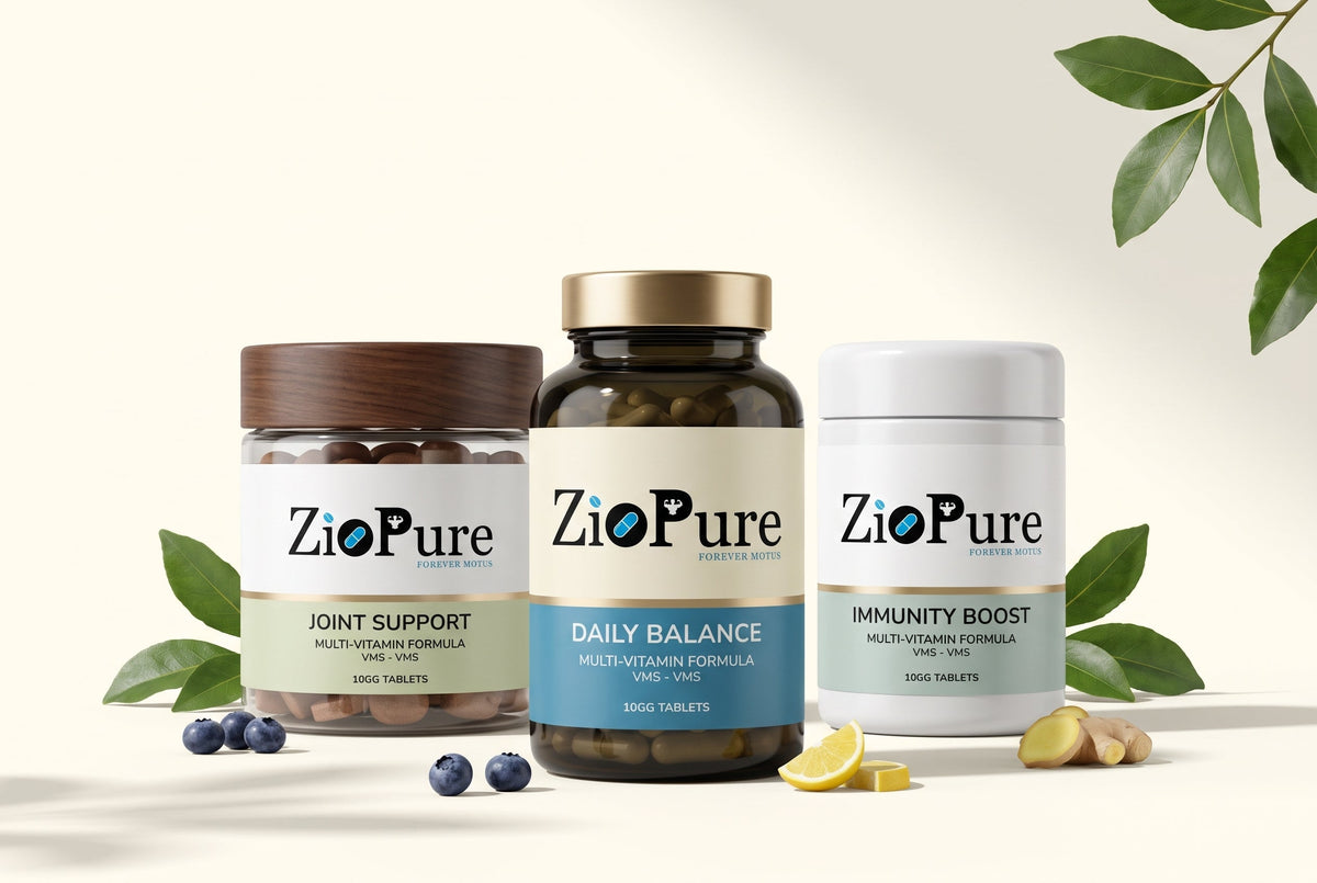 ZioPure supplements collection featuring vitamins, wellness and dietary supplements
